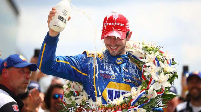 Alexander Rossi, driver of the No. 98 NAPA Auto Parts Andretti Herta Autosport Honda celebrates after winning the 100th running of the Indianapolis 500 at Indianapolis Motorspeedway on May 29, 2016 in Indianapolis, Indiana.