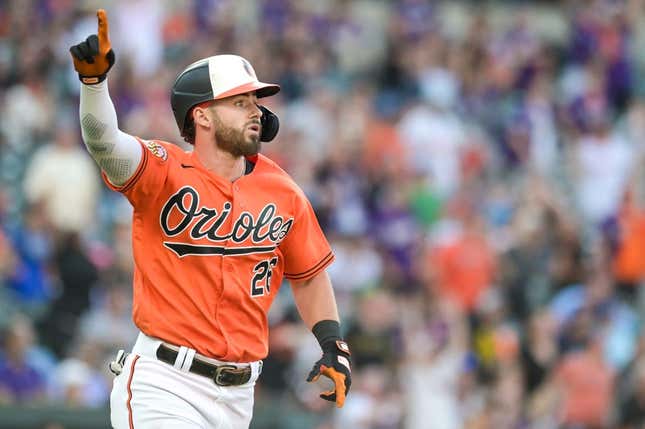 Jun 24, 2023; Baltimore, Maryland, USA;  Baltimore Orioles right fielder Ryan McKenna (26) reacts after hitting a walk off two run home run against the Seattle Mariners at Oriole Park at Camden Yards.