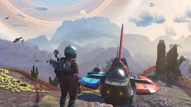 A space traveler stands outside of their ship on an alien world.