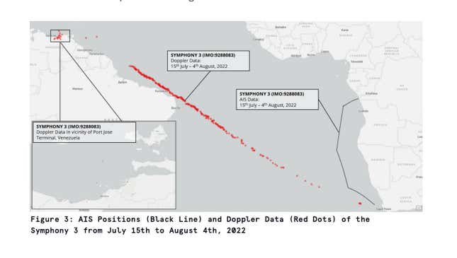 The coordinates transmitted by Symphony 3's AIS system, and its actual path according to radar analysis.
