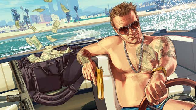 A man with a chain necklace and dragon tattoos speeds off in a boat with piles of cash. 