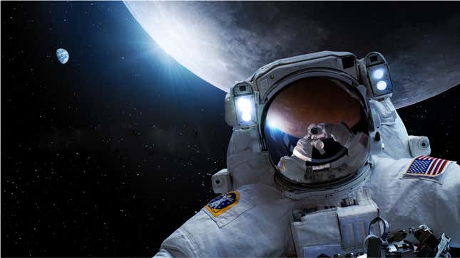 An illustration of an astronaut in front of the Moon.