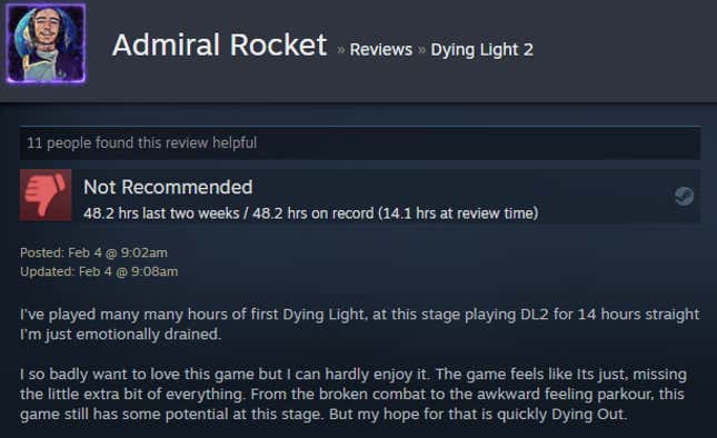 A screenshot of a Steam user text review for the game Dying Light 2.