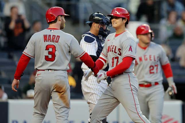 Apr 18, 2023; Bronx, New York, USA; Los Angeles Angels designated hitter Shohei Ohtani (17) celebrates his two run home run against the New York Yankees with left fielder Taylor Ward (3) during the first inning at Yankee Stadium.