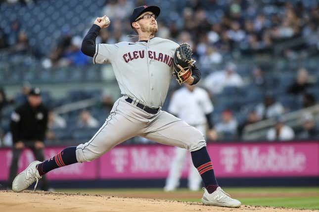 May 2, 2023; Bronx, New York, USA; Cleveland Guardians starting pitcher Tanner Bibee (61) pitches in the first inning against the against the New York Yankees at Yankee Stadium.