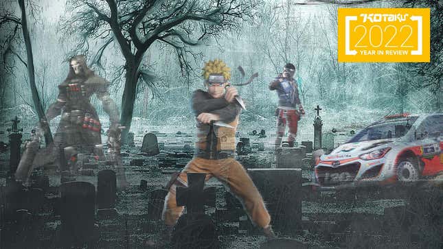 A collage of ghostly game characters, including Reaper (Overwatch, left), Naruto Uzumaki (Jump Force, center), a Hyper Scape guy (center right), and a Dirt 4 car (right).