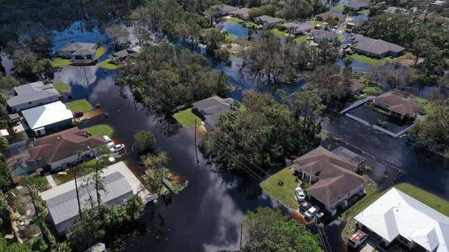 A neighborhood flooded by the rising Myakka River is shown in the wake of Hurricane Ian on October 01, 2022 in North Port, Florida. 