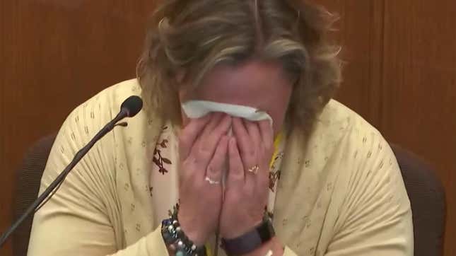 In this screen grab from video, former Brooklyn Center Police Officer Kim Potter becomes emotional as she testifies in court, Friday, Dec. 17, 2021 at the Hennepin County Courthouse in Minneapolis, Minn. Potter is charged with first and second-degree manslaughter in the April 11 shooting of Daunte Wright, a 20-year-old Black motorist, following a traffic stop in the Minneapolis suburb of Brooklyn Center. 