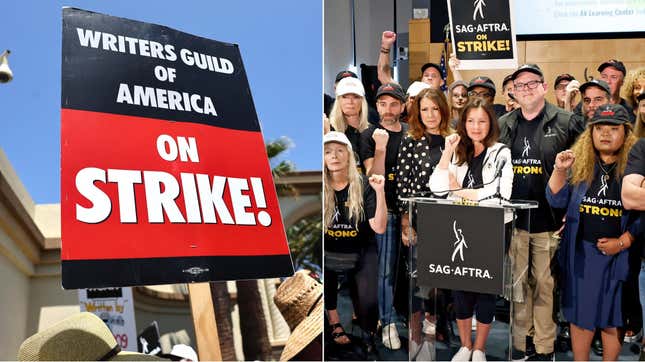 WGA strike sign (Mario Tama/Getty Images), SAG-AFTRA President Fran Drescher announcing the strike (Frazer Harrison/Getty Images)