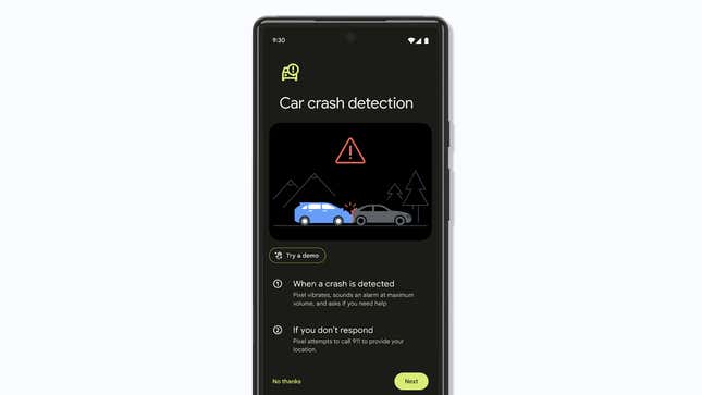 A photo of the car crash detection feature from Google 