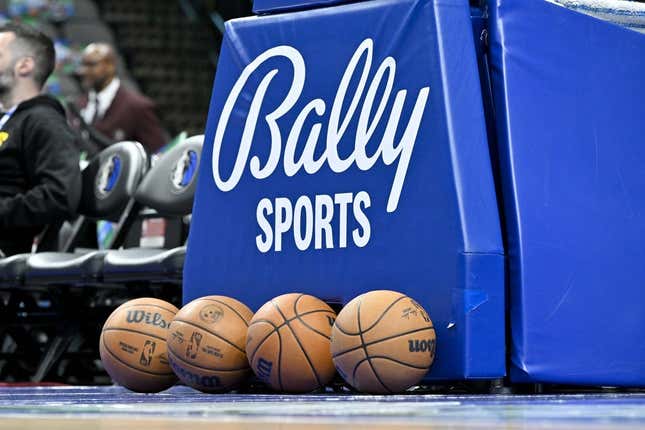 Feb 28, 2023; Dallas, Texas, USA; A view of the Bally Sports logo and NBA basketballs during warmups before the game between the Dallas Mavericks and the Indiana Pacers the American Airlines Center.