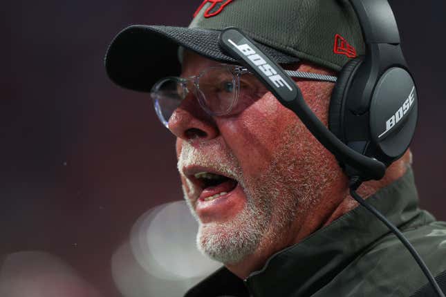 Head coach Bruce Arians of the Tampa Bay Buccaneers reacts during the third quarter against the Atlanta Falcons at Mercedes-Benz Stadium on December 05, 2021 in Atlanta, Georgia.