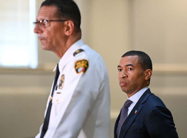MONTGOMERY, ALABAMA - AUGUST 8: Montgomery Mayor Steven Reed, right, listens to Police Chief Darryl J. Albert speak to the press regarding the brawl that occurred Saturday on the riverfront on August 8, 2023 in Montgomery, Alabama. 