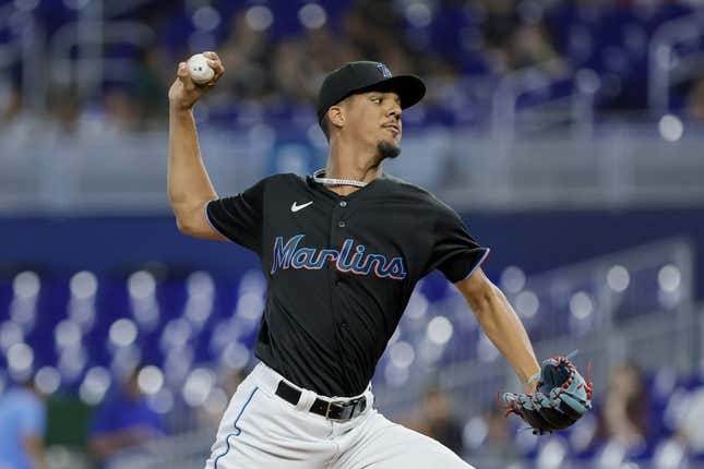May 18, 2023; Miami, Florida, USA; Miami Marlins starting pitcher Eury Perez (39) delivers a pitch against the Washington Nationals during the first inning at loanDepot Park.