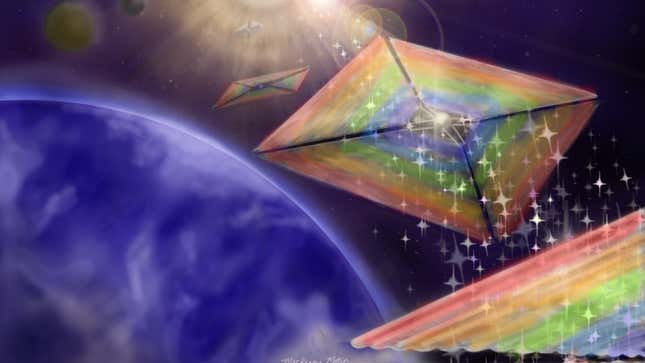 Artist’s conception of the diffractive lightsail. The rainbow-like patterns would be similar to how CDs exhibit similar patterns when held under a light. 
