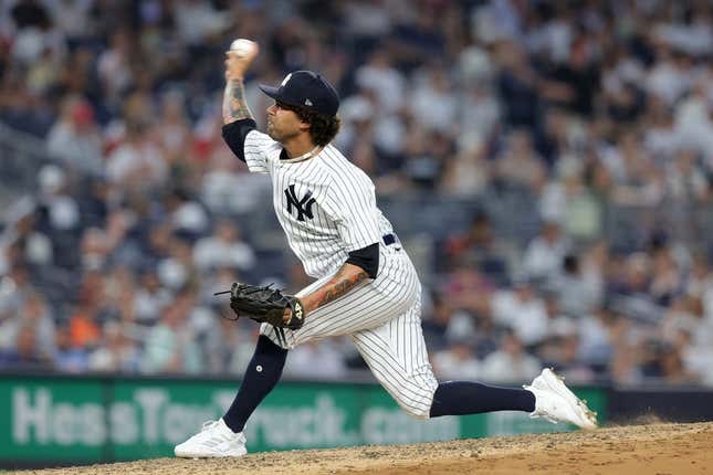 Jul 6, 2023; Bronx, New York, USA; New York Yankees relief pitcher Deivi Garcia (83) pitches against the Baltimore Orioles during the fourth inning at Yankee Stadium.