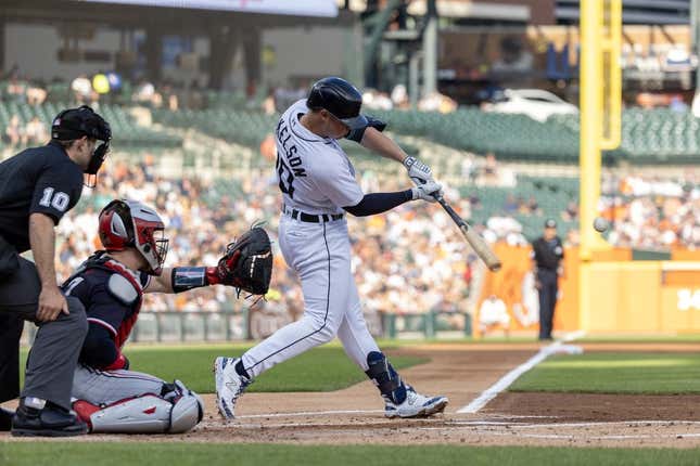 Jun 24, 2023; Detroit, Michigan, USA; Detroit Tigers first baseman Spencer Torkelson (20) swings and makes contact in the first inning against the Minnesota Twins at Comerica Park.
