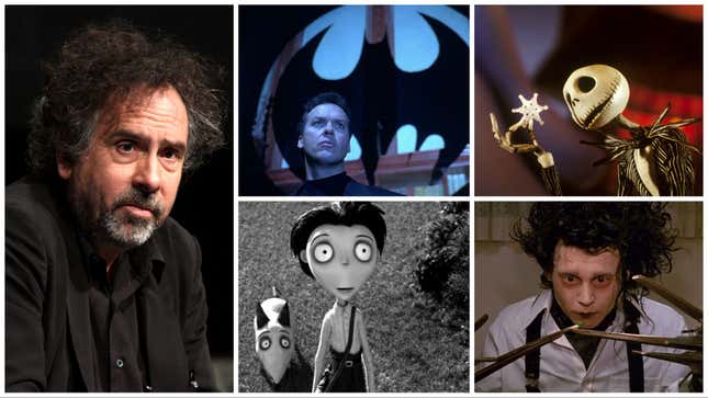 Clockwise from left: Tim Burton (Wikipedia), Batman Returns (Warner Bros.), The Nightmare Before Christmas (Buena Vista Pictures), Edward Scissorhands (20th Century Fox), Frankenweenie (Walt Disney Studios)