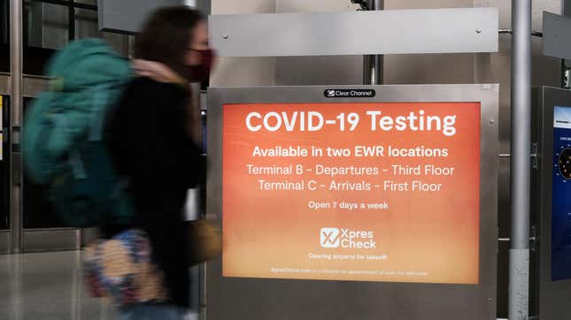  A covid-19 testing facility is advertised at Newark Liberty International Airport on November 30, 2021 in New Jersey.