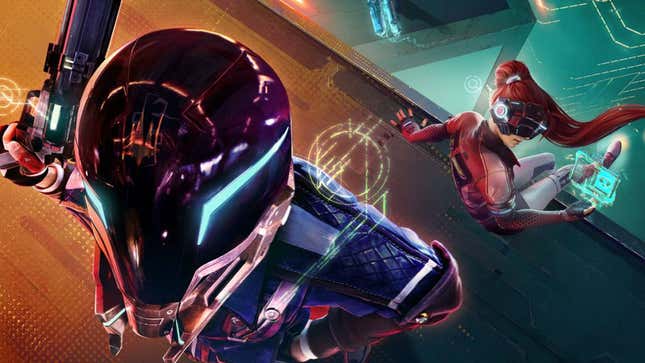 An image shows a person in a futuristic helmet near the edge of a building. 