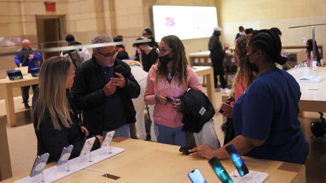 People visit the Apple Store in Grand Central Terminal on April 18, 2022 in New York City.