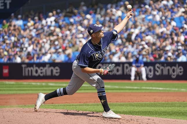 Apr 16, 2023; Toronto, Ontario, CAN; Tampa Bay Rays starting pitcher Shane McClanahan (18) pitches to the Toronto Blue Jays during the first inning at Rogers Centre.