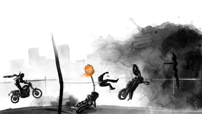 Three humans battle a mysterious entity while on motorcyles.