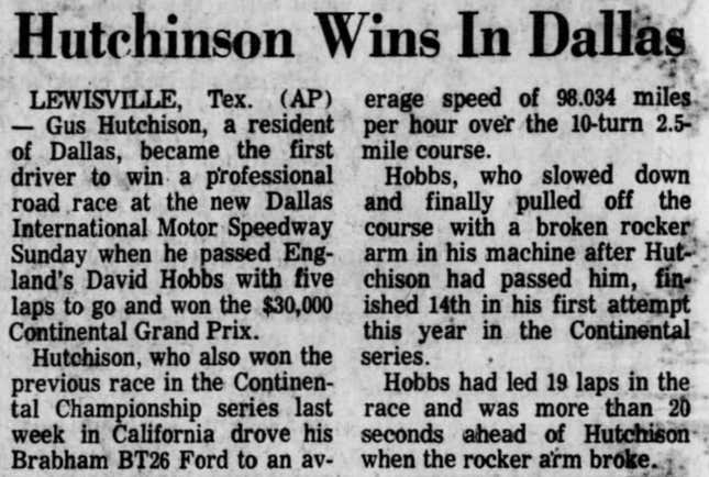 A report on a Hutchison win, from the Intelligencer Journal out of Lancaster, PA.