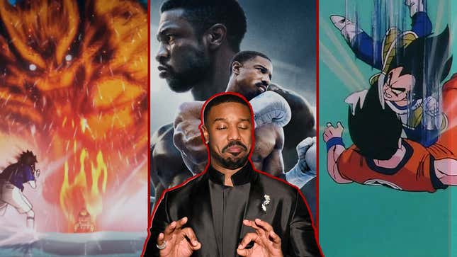 A photo shows Michael B. Jordan making the okay hand sign while standing in front of a collage of Dragon Ball Z, Naruto, and Creed 3. 