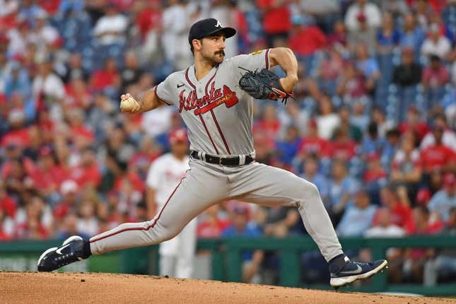 Sep 13, 2023; Philadelphia, Pennsylvania, USA; Atlanta Braves starting pitcher Spencer Strider (99) throws a pitch against the Philadelphia Phillies during the first inning at Citizens Bank Park.