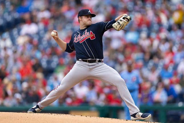 Jun 22, 2023; Philadelphia, Pennsylvania, USA; Atlanta Braves starting pitcher Bryce Elder (55) throws a pitch during the first inning against the Philadelphia Phillies at Citizens Bank Park.