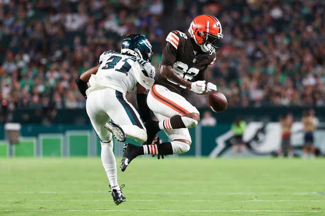 Aug 17, 2023; Philadelphia, Pennsylvania, USA; Philadelphia Eagles cornerback Mario Goodrich (31) breaks up a pass to Cleveland Browns wide receiver Mike Harley Jr. (82) during the second quarter at Lincoln Financial Field.