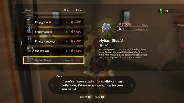 Cece is seen selling a Hylian Shield to Link.