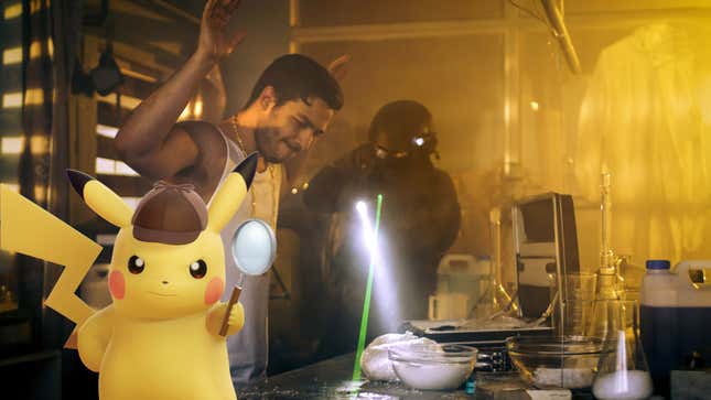 A guy is caught trafficking drugs by what appears to be a SWAT member and detective Pikachu.
