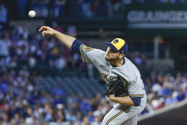 Aug 29, 2023; Chicago, Illinois, USA; Milwaukee Brewers starting pitcher Corbin Burnes (39) pitches against the Chicago Cubs during the first inning at Wrigley Field.