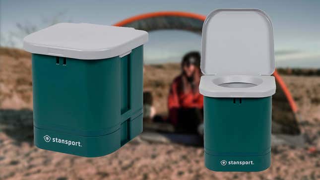 The Stansport portable toilet depicted as both open and closed.