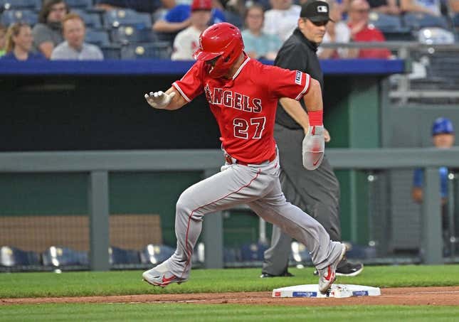 Jun 16, 2023; Kansas City, Missouri, USA; Los Angeles Angels center fielder Mike Trout (27) rounds third to score a run in the sixth inning against the Kansas City Royals at Kauffman Stadium.