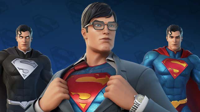 A trio of Supermans, one in a black costume with silver S symbol, one in traditional blue and red, and one in a suit and glasses revealing the costume underneath.