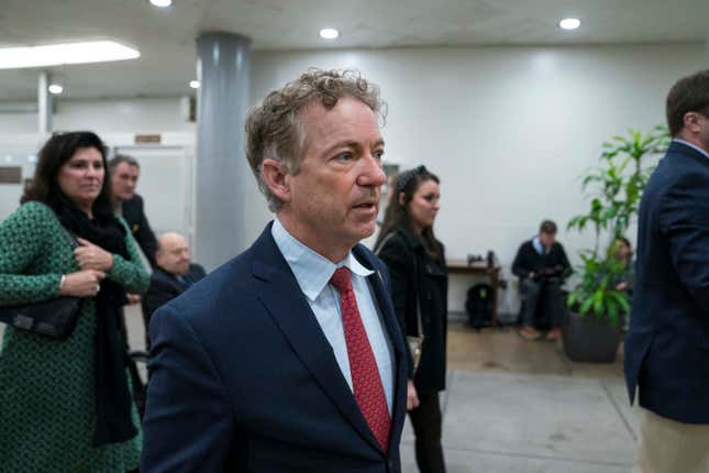 Senator Rand Paul (R-Ky.) walks through the Senate subway ahead of a vote in the Senate impeachment trial of President Donald Trump on February 5, 2020 in Washington, DC. After the House impeached Trump last year, the Senate voted today to acquit the President on two articles of impeachment as the trial concludes. 