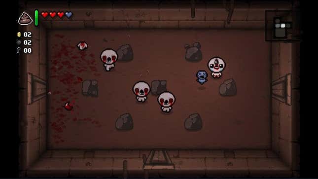 Creatures with bloody eyes stomp around a rock-strewn room in The Binding of Isaac.