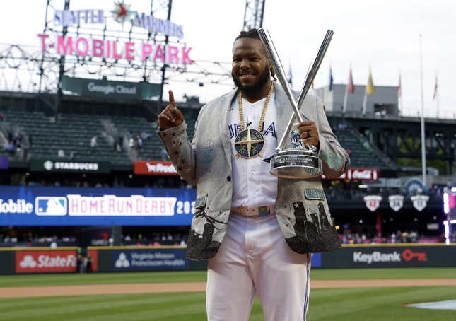 Jul 10, 2023; Seattle, WA, USA; Toronto Blue Jays first baseman Vladimir Guerrero Jr. (27) after winning the All-Star Home Run Derby at T-Mobile Park celebrate.