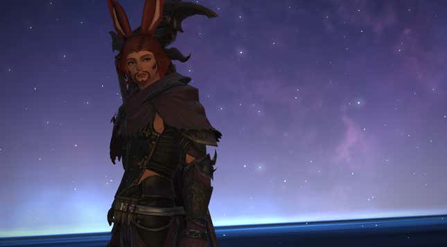 A Male Viera—a humanoid rabbit-like species—as the player avatar, the Warrior of Light, in Final Fantasy XIV: Endwalker.