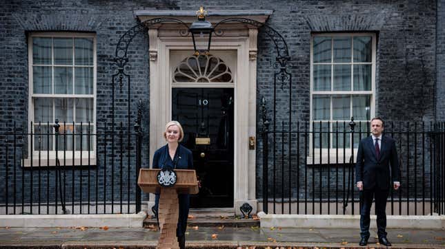 Liz Truss announced her resignation as Prime Minister at 10 Downing Street on October 20, 2022 in London, England.
