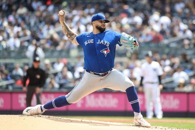 Apr 22, 2023; Bronx, New York, USA;  Toronto Blue Jays starting pitcher Alek Manoah (6) pitches in the first inning against the New York Yankees at Yankee Stadium.