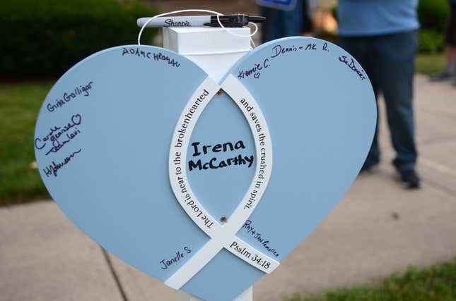 Heart with the name of Irena McCarthy, was was killed on July 4, is seen at the Highland Park Presbyterian  Church during a vigin in Illinois on July 5, 2022.