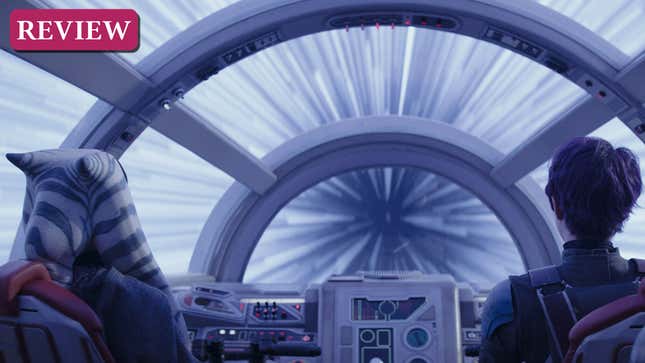 Ahsoka Tano and Sabine Wren in the cockpit of a spaceship traveling through hyperspace. 