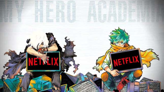 Izuku Midoriya and Tomura Shigaraki sit atop a pile of TVs displaying the Netflix logo.