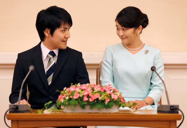 Princess Mako and her fiancé Kei Komuro during a press conference to announce their engagement at Akasaka East Residence in Tokyo, Sept. 3, 2017.