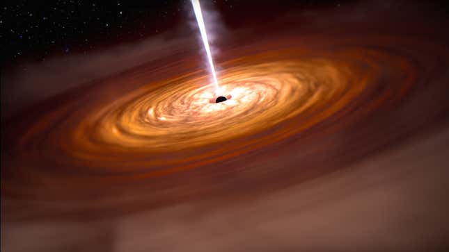 An artist’s rendition of a quasar, with the supermassive black hole at center and its jet of electromagnetic radiation.