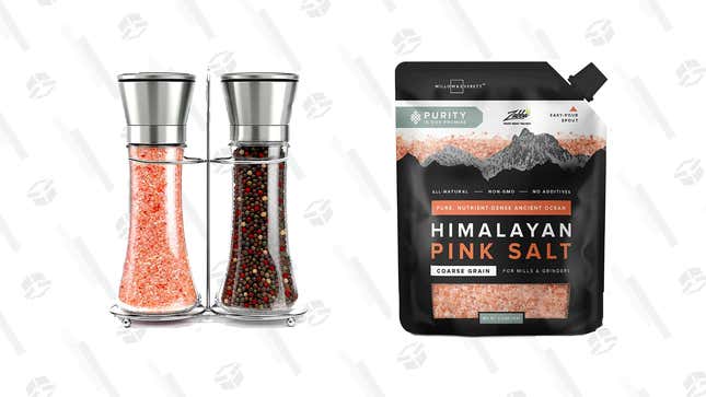 A bag of Himalayan pink salt and a salt and pepper grinder set are shown.